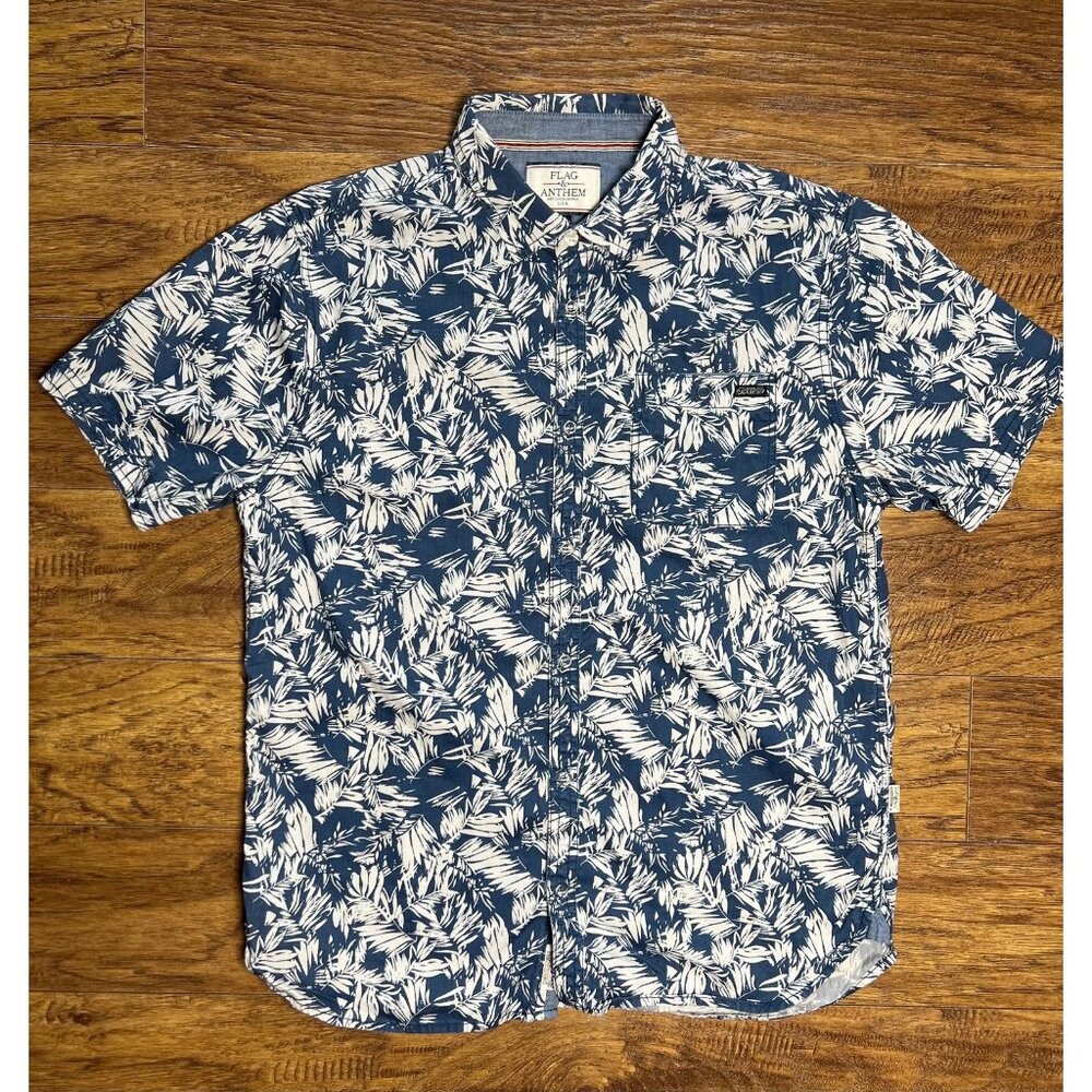 Flag & Anthem Men's Size Med Front Pocket Leaf Pattern Hawaiian Cotton Shirt
